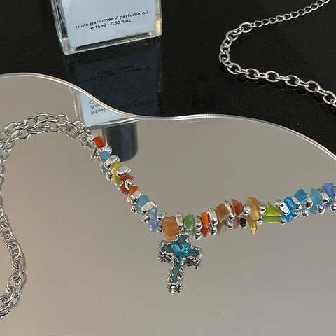 Titanium Steel Cross Necklace With Blue Heart Rhinestone And Colorful Stone Patchwork Y2K Hip Hop Jewelry For Men Women