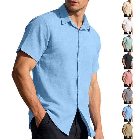 Men Casual Short Sleeve Shirt Linen Blend Breathable Solid Color Lapel Button Down Summer Beach Top