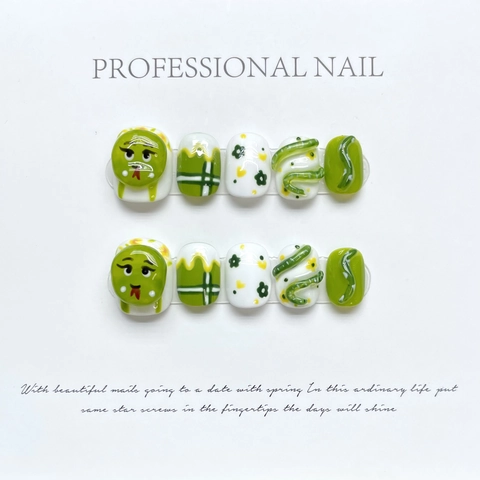 Uñas Postizas Hechas A Mano Diseño Serpiente 3D Verde Blanco Floral Uñas Artificiales Reutilizables Estilo Dulce Mujeres