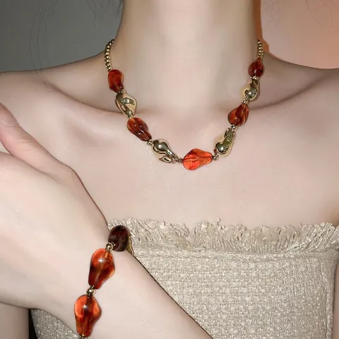 Acrylic And Alloy Necklace And Bracelet Irregular Beaded Retro Bohemian Fashion Jewelry For Women