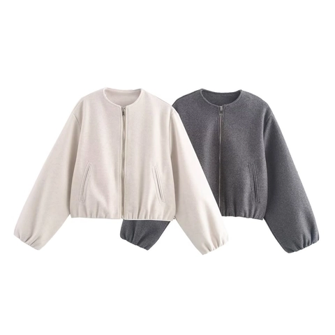 Women Short Woolen Look Jacket Polyester Zipper Round Neck Casual Long Sleeve Fall Winter Outerwear Minimalist