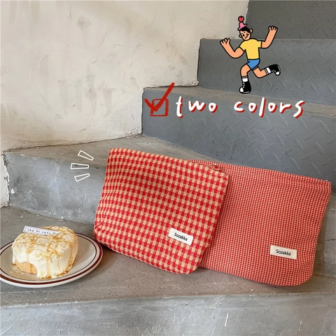 French Vintage Gingham Cosmetic Bag Cotton Jacquard Makeup Pouch For Women Large Capacity Travel Toiletry Organizer Handbag