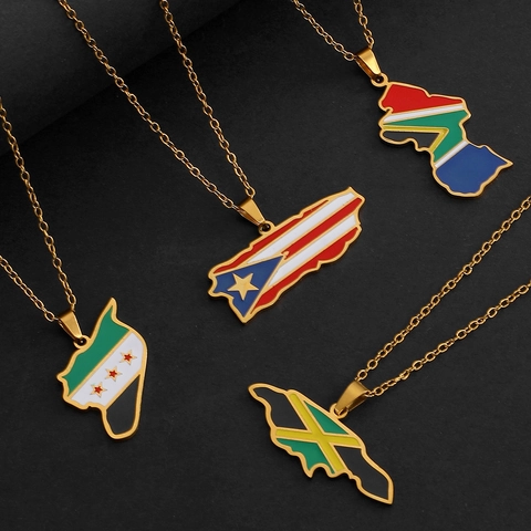Collana con Pendente Mappa del Mondo Bandiera Esmalte Acciaio Inossidabile Lega Catena Ghana Sud Africa Libano Giamaica Nigeria Mappa per Uomo Donna Gioielli