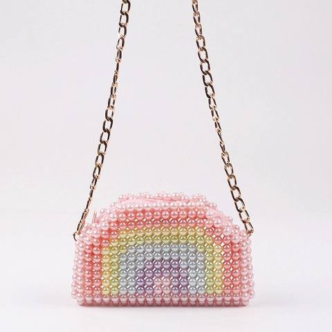Handgefertigte Regenbogen Künstliche Perlen Umhängetasche Imitation Künstliche Perle Mini Tasche Mit Metallkette Riemen Süßes Modeaccessoire