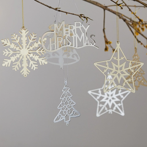 Ornamenti Natalizi Da Appendere Ferro Metallo Intagliato Decorazione Albero Stella Fiocco Di Neve Campana Renna Oro Argento Decorazione