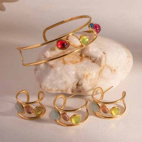 Vintage French 18K Gold Plated Stainless Steel Hoop Earrings Unique Spanish Niche Geometric Jewelry With Colorful Stones