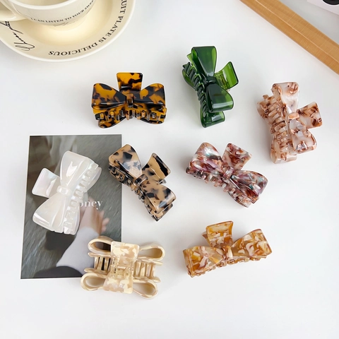 French Style Bow Hair Claw Clip Acetate Tortoiseshell Marble Pattern Shark Clip Elegant Hair Accessory For Women