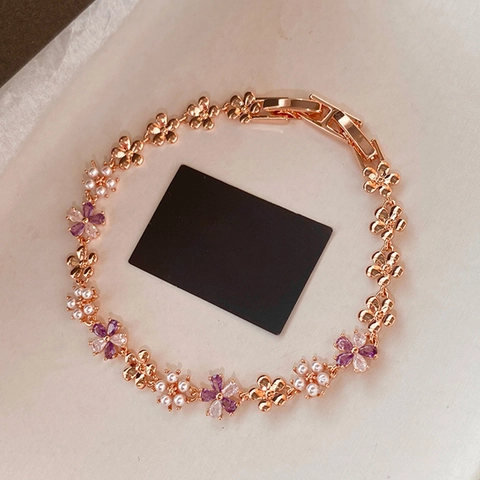 Bracciale A Fiore Oro Rosa Con Zircone Viola E Imitazione Perla Artificial Gioielli Da Mano Floreali Eleganti E Dolci Per Donna