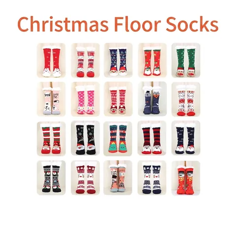 Women Christmas Floor Socks Thick Fleece Lined Sherpa Thermal Anti-Slip Cabin Sleep Socks Santa Reindeer Snowflake Pattern