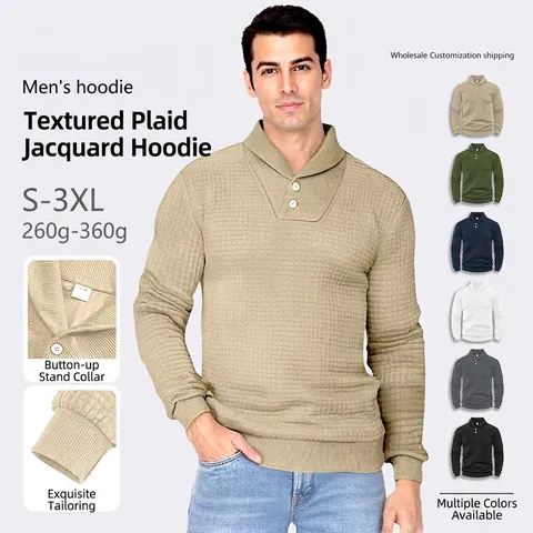 Felpa In Maglia A Nido D'Ape Da Uomo Manica Lunga Colletto A Revers Bottone Pullover Casual Elegante Tinta Unita