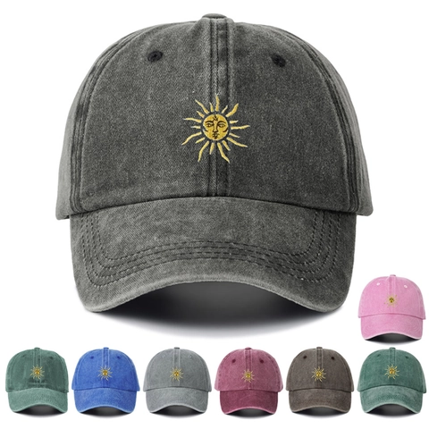 Washed Cotton Baseball Cap With Sun Face Embroidery Vintage Breathable Outdoor Sun Protection Adjustable For Men Women