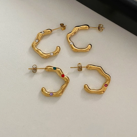 Orecchini A Cerchio In Acciaio Inossidabile A Forma Di C Con Onde Irregolari E Strass Placcati In Oro Da Donna