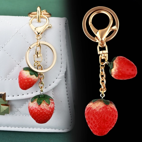 Llavero De Fresa Fruta Realista Colgante De Bolso Metal Dorado Resina Moda Dulce Para Mujeres Niñas