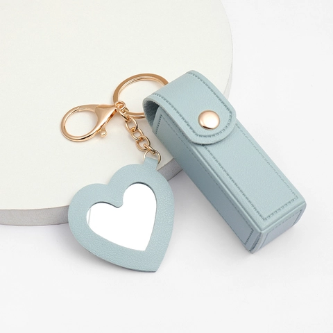PU Leather Lipstick Storage Pouch Keychain With Heart Shape Mirror Portable Mini Lip Balm Holder Bag Charm For Women