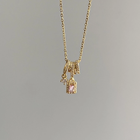 Pink Square Zirconia Pendant Necklace Gold Plated Copper Stainless Steel Chain Elegant Geometric Jewelry For Women