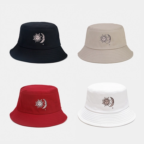 Sun Moon Bestickter Baumwolle Fischerhut Sonnenschutz Outdoor Sommer Beckenhut Für Damen Und Herren