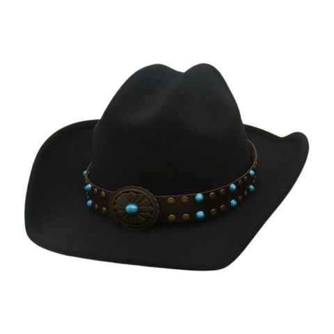 Western Cowboy Hat Polyester Felt Wide Brim With Turquoise Sunflower Leather Band Retro Bohemian Style
