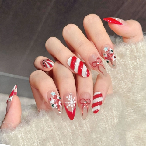 Christmas Press On Nails Red White Almond Shape Hand Painted Snowflakes 3D Bow Rhinestone Festive Women