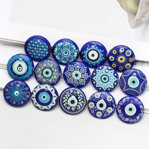 Evil Eye Anhänger Glas Runde Scheibe Mandala Muster Türkischer Nazar Glücksbringer Für Heimwerker Schmuckherstellung Vintage Accessoire