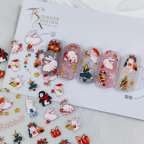 Autocollants Art Des Ongles Gaufrés 5D Motif Lapin Noël Auto Adhésif Relief 3D Décor Hiver