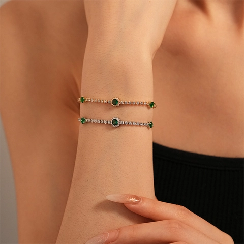 Bracciale Tennis Vintage Lusso Smeraldo Zircone Rotondo Geometrico Gioielli In Rame Catena Regolabile Stile Minimalista Per Donne