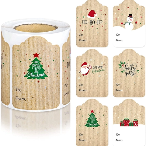 Christmas Gift Label Stickers Kraft Paper Adhesive Writable Holiday Present Decoration Santa Snowman Design Festive