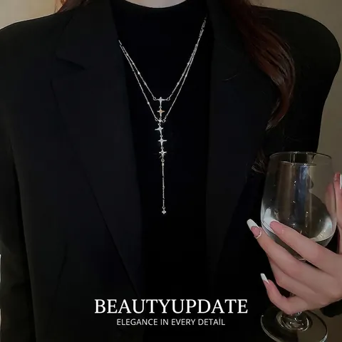 Doppelschichtige Edelstahl Stern Halskette Mit Strass Y-Form Quaste Sternenanhänger Elegante Mode Für Damen