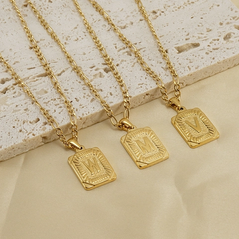 Collana Pendente Lettera Iniziale Acciaio Inossidabile Placcato Oro 18K Quadrato Alfabeto Catena Figaro Gioielli Hip Hop