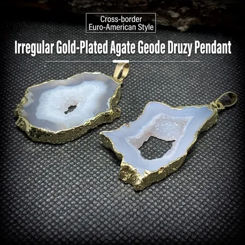 Collier Pendentif Agate Naturelle Druzy Géode Pour Femmes Pierre Brute Irrégulière Cristal Bord Plaqué Or 14K Bijoux Artisanaux