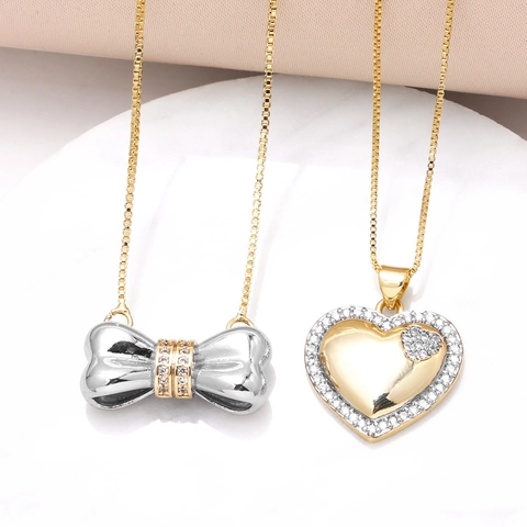 Mode Galvanisierte Kupfer Halskette Für Damen Einfacher Schleife Herz Anhänger Zirkonia Eingelegt Box Kette Pendler Schmuck