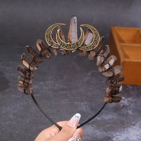 Cerchietto Corona Cristallo Naturale Celeste Luna Crescente Fatto A Mano Strega Gotica Tiara Accessorio Capelli Donna Festa