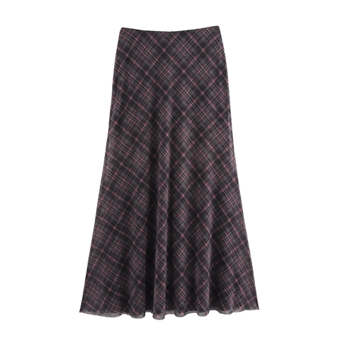 Jupe Longue En Maille À Carreaux Vintage Taille Haute Style Rétro Américain Esthétique Jupe Longue Transparente Femmes