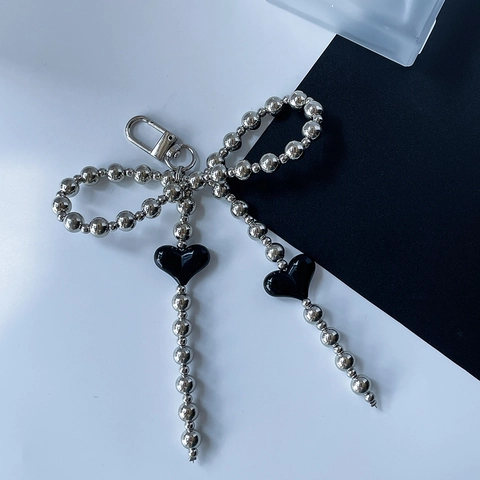 Portachiavi A Fiocco Con Perline E Ciondolo A Cuore Nero Lega Di Zinco Acrilico Ciondolo Per Borsa Da Donna Stile Y2K