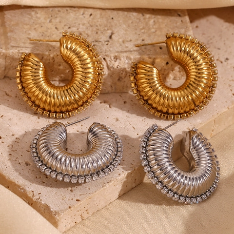 Pendientes De Aro Acero Inoxidable Nervado Espiral Hueco Forma C Zirconia Bordeado Chapado Oro 18K Para Mujeres