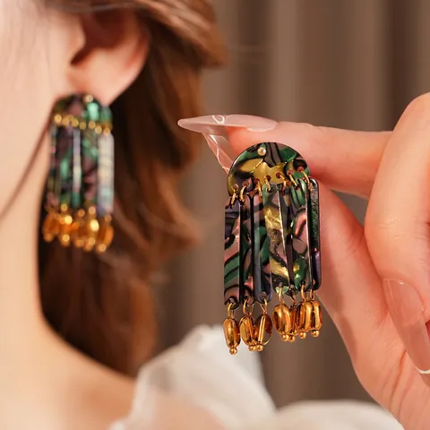 Pendientes Colgantes De Borla Bohemia Acrílico Concha Vidrio Retro Étnico Joyería Mujeres Con Poste De Plata
