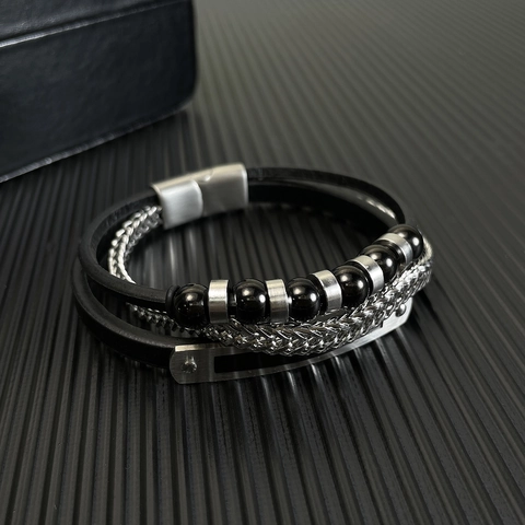 Men Multi Layer Bracelet Leather Stainless Steel Chain Beaded Punk Style Fashion Wristband Magnetic Clasp Jewelry