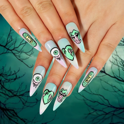 Halloween Kunstnagels Lange Stiletto Blauw Horror Oogbol Hart Cartoon Valse Nagels Voor Vrouwen