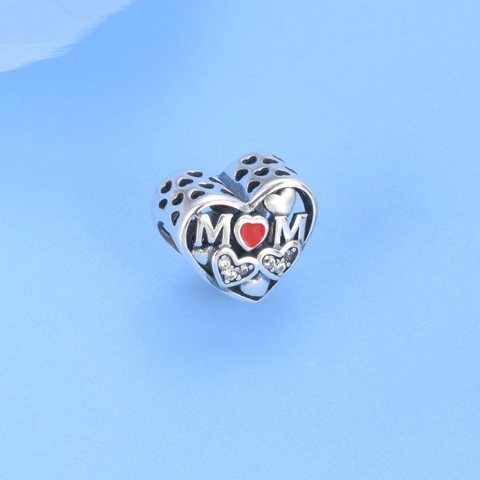 925 Sterling Silver Heart MOM Charm Red Enamel Rhinestone Hollow DIY Jewelry Bead For Bracelet Mother's Day Gift Fashion Jewelry
