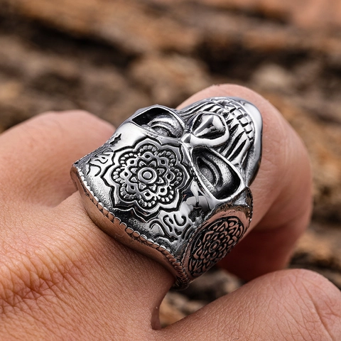 Gothic Skull Ring For Men Stainless Steel Vintage Engraved Mandala Pattern Biker Punk Jewelry