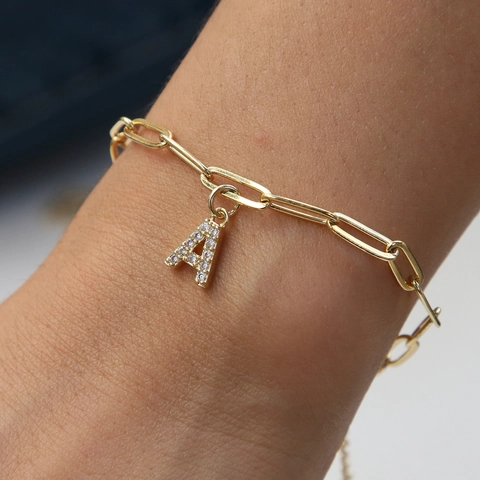 Brass 18K Gold Plated Paperclip Chain Initial Pendant Bracelet For Women Pave Rhinestone Letter A-Z Jewelry Gift