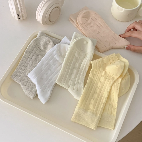 Chaussettes Plissées En Coton Pour Femmes Nœud Jacquard Respirant Maille Ajourée Côte Style Coréen Minimaliste