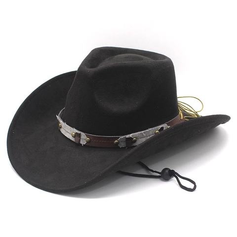 Sombrero De Vaquero Occidental Gamuza Ala Ancha Con Cuerda Resistente Al Viento Banda De Cuero Remaches Retro Unisex