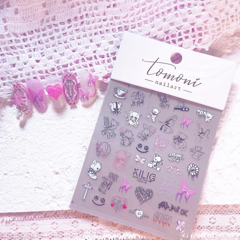 Autocollants Art Des Ongles Relief 3D Gothique Sombre Style Y2K Ours Papillon Cœur Croix Manucure Décoration