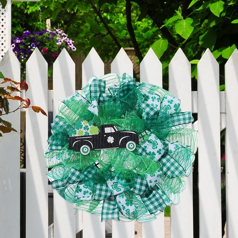 Easter Wreath St Patrick's Day Door Hanging Ornament Mesh Ribbon Bunny Clover Truck Decor For Front Door