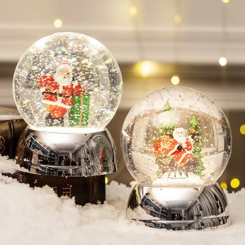 Christmas Snow Globe LED Light Up Silver Base Plastic Liquid Glitter Ornament Holiday Decor Santa Snowman Reindeer
