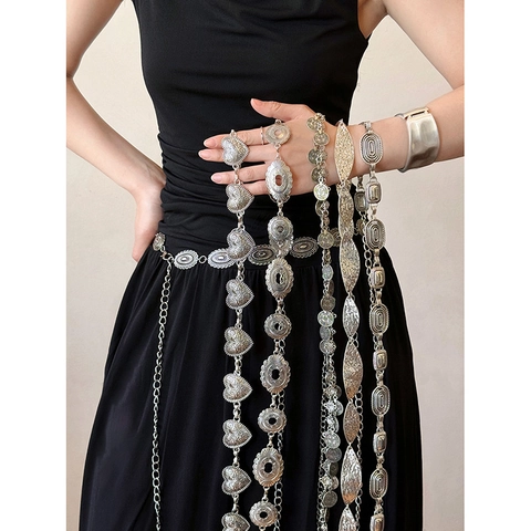 Women Metal Waist Chain Belt Silver Leaf Oval Heart Shape Adjustable Link Body Jewelry Vintage Bohemian Style