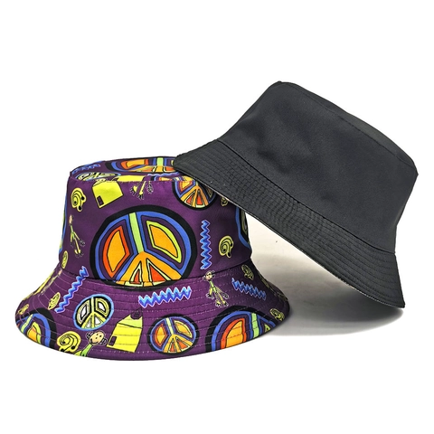 Omkeerbare Vissershoed Dames Polyester Peace Teken Graffiti Print Zonbescherming Streetwear Retro Hip Hop Dubbelzijdig