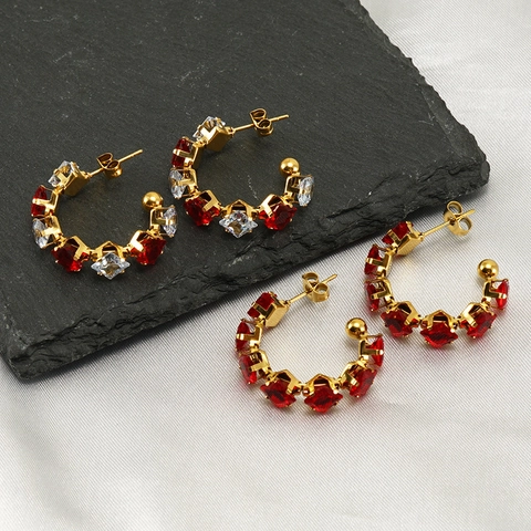 C Shaped Hoop Earrings 18K Gold Plated Stainless Steel With Square Colorful Cubic Zirconia Inlaid French Classic Style