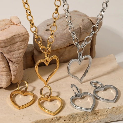 Minimalist Hollow Heart Necklace Earring Jewelry Set 316 Stainless Steel Vintage Fashion Jewelry For Women