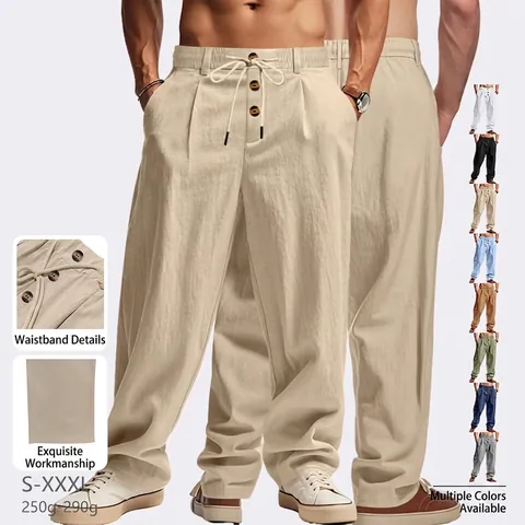 Men Casual Pants Linen Blend Drawstring Elastic Waist Straight Leg Breathable Solid Color Lightweight